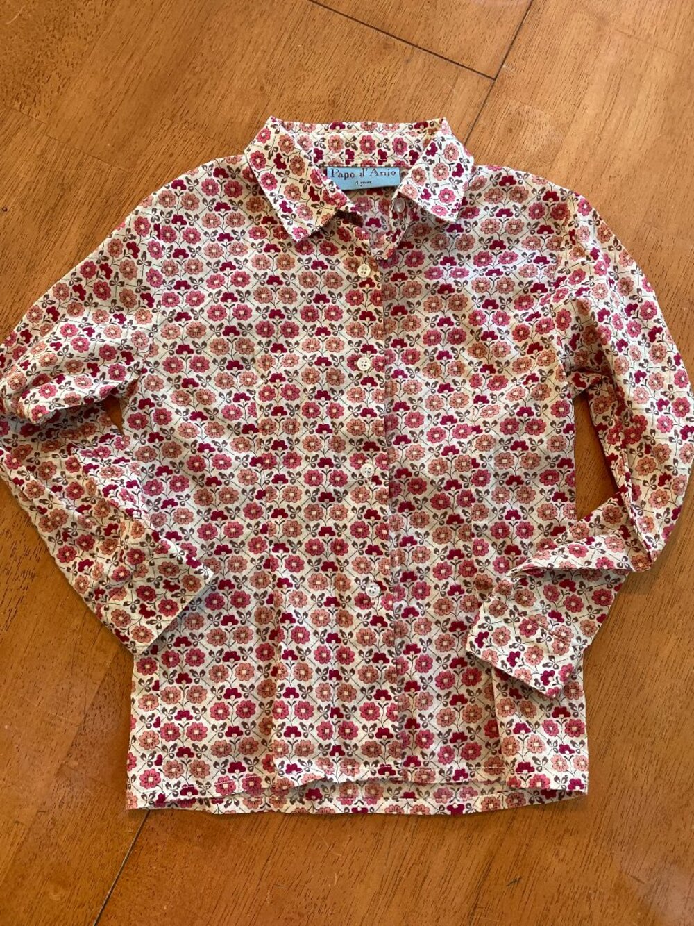 Papo d'Anjo Kids Floral Button Down Shirt Cream Pink Red Size 4 Years